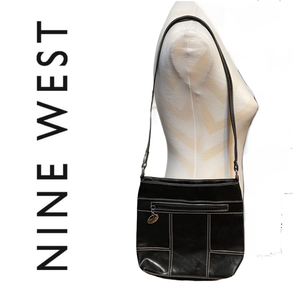 NINE WEST black leather shoulder bag white stitching silver toned metal hardware